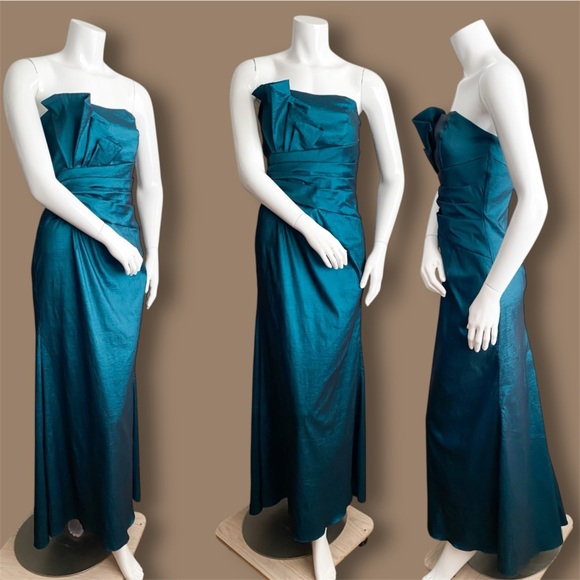 Jessica McClintock Teal Shantung Column Gown Maxi Dress Draped Ruched Wedding 8 - Picture 2 of 8